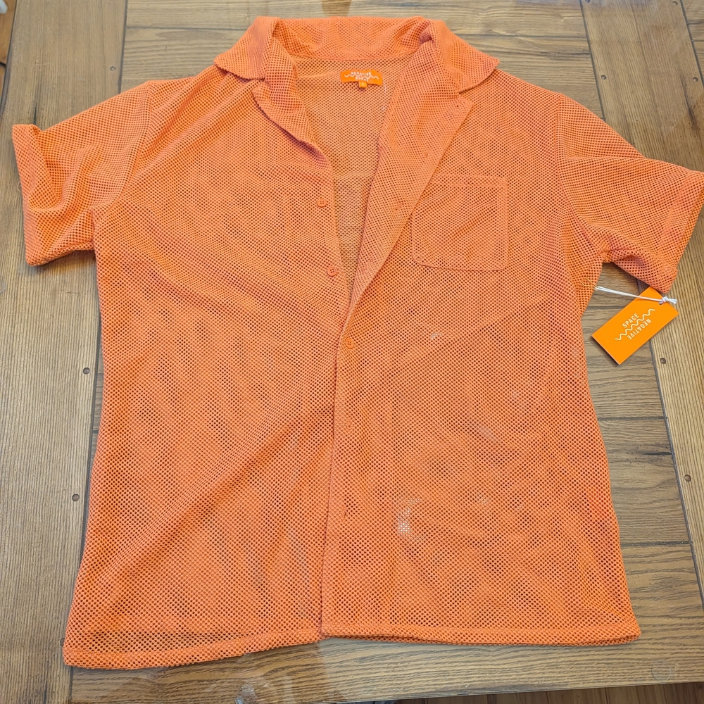 Negative Space Shirt Men's L Orange Open Knit Mesh Short Sleeve NWT